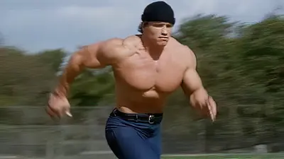 Arnold Schwarzenegger running shirtless meme template