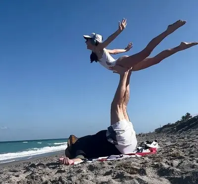 Bill Belichick doing beach yoga meme template