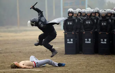 Chinese police jumping demonstration meme template