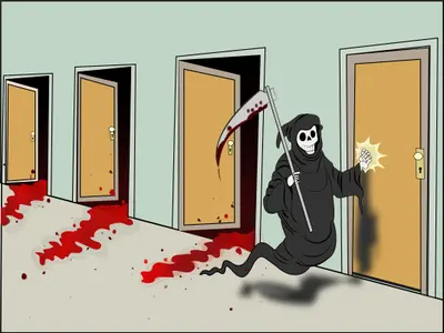 Death knocking on wrong door meme template