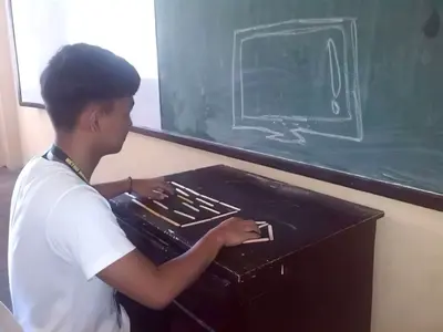 Drawing computer on chalkboard meme template