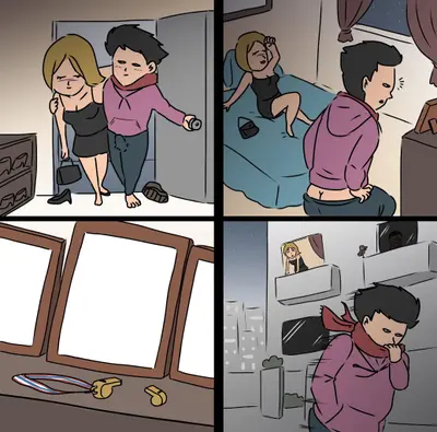 Drunk girl sneaking out window meme template