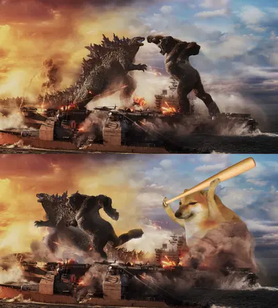 Godzilla vs king kong vs cheems meme template