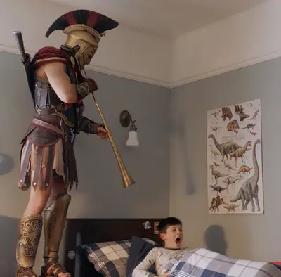Roman soldier waking kid meme template
