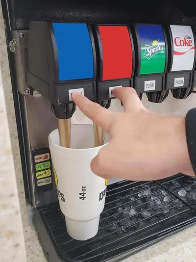 Soda fountain mixing drinks meme template