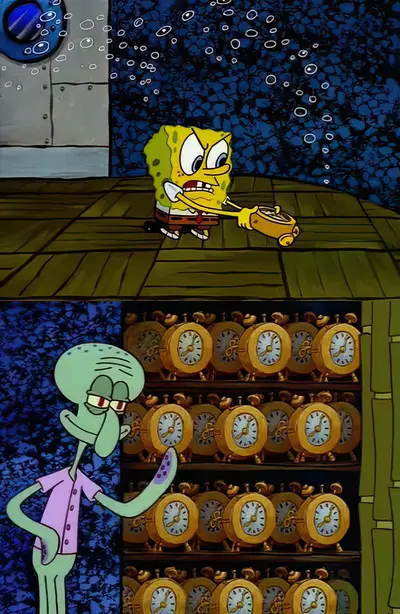 SpongeBob alarm clock Squidward meme template