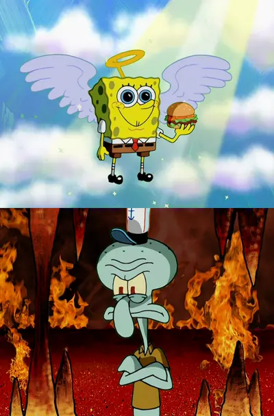 Spongebob in heaven squidward in hell meme template