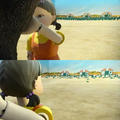 Squid Game doll shooting meme template