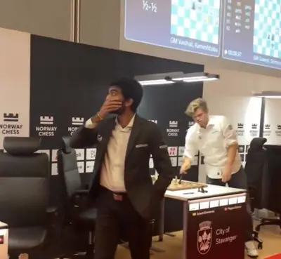 Surprised Gukesh after beating Magnus Carlsen meme template