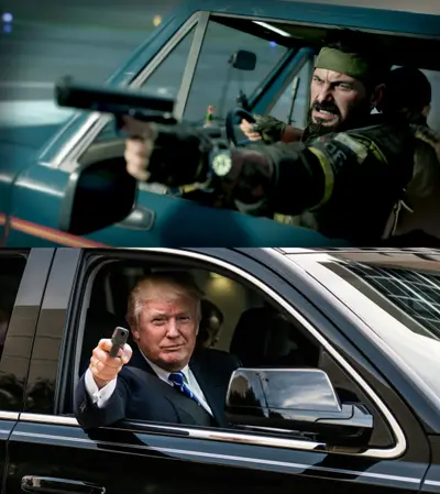 Trump Woods pointing guns cars meme template