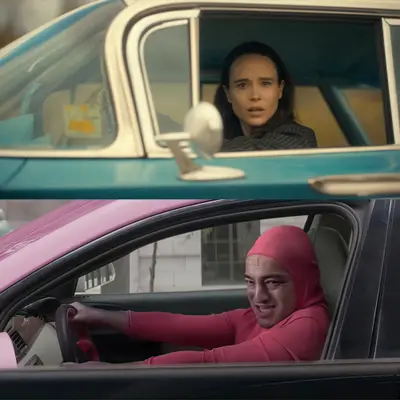 Vanya pink suite drive past each other voiture car meme template